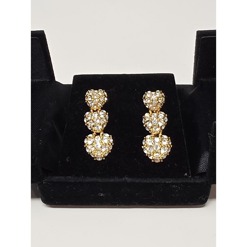 Vintage NOS Gold Tone Triple Heart Rhinestone Drop Earrings Clear Crystal w/ Box